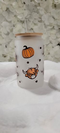 Fall Cow Pumpkin Frosted Glass Cup 