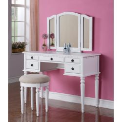 Bobkona St. Croix 3 Fold Mirror Vanity Table with Stool Set, White