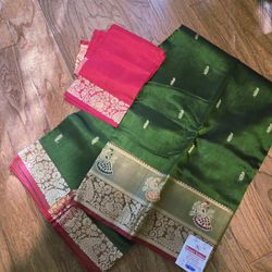 Beautiful Rich Olive Green Pure Handloom Raw Silk Sari With Resham Thread Work