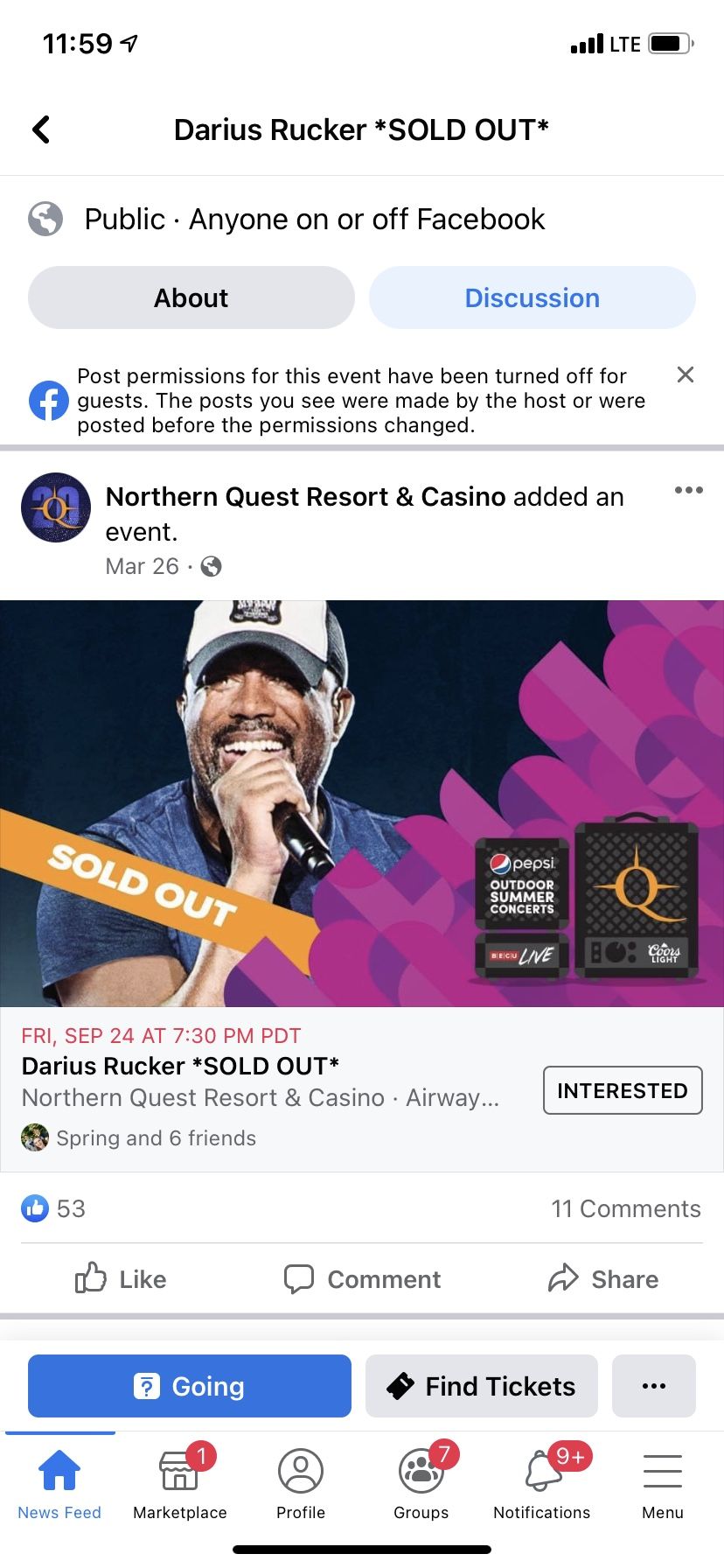 Darius Rucker Floor Ticket Seat 20 For Sale!!!