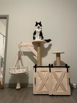 Custom Wood Cat Litter Box/ Cat Tree with Sliding Barn Doors