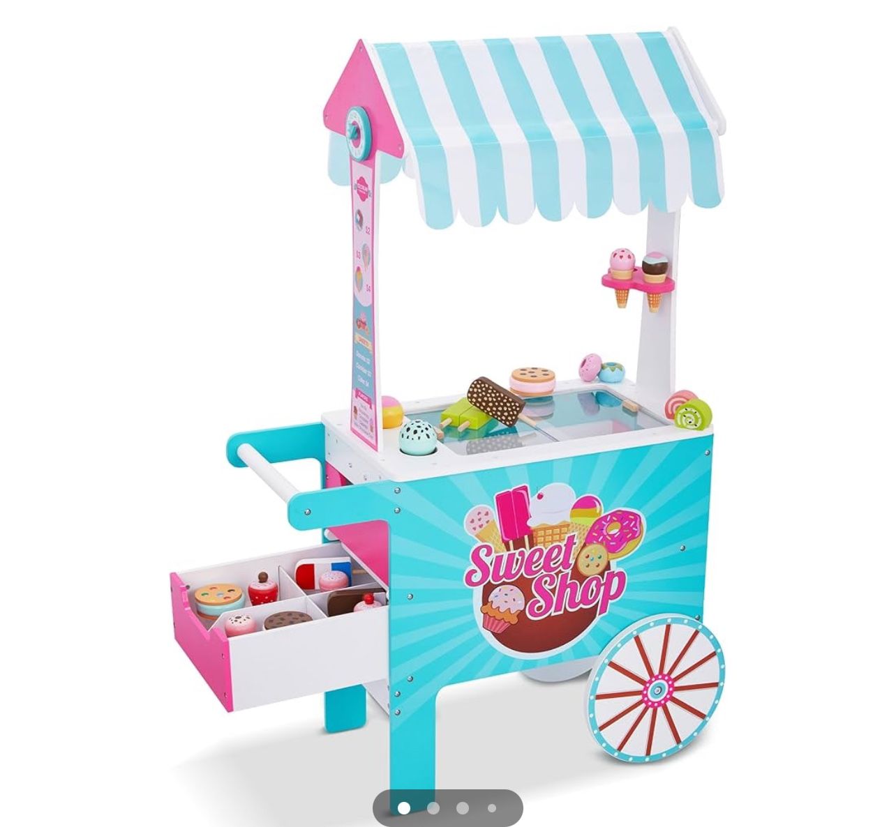 Brand New In The Box - Lil’ Jumbl Wooden Sweet Treats Playset, Kids Play Pretend Dessert Stand Push Cart w/ 20+ Ice Cream Cone, Popsicle & Cupcake Acc