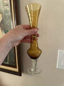Vintage Amber Glass Bud Vase w/Clear Swirl Base 10”