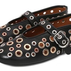 Beauty Cry Women's Mesh Ballet Flats Mary Jane Buckle Strap Perforated Ballerina Flat Shoes 9.5