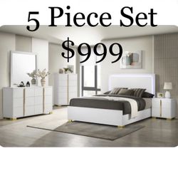 5 Piece White And Gold Bedroom Set Includes Queen Bed With LED Lights 1 Nightstand 1 Dresser 1 Mirror And 1 Chest All Brand New In Box Firm Price $999