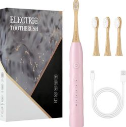 Electric Toothbrush with 4 Bamboo Heads, Bamboo Electric Toothbrush for Adults, Soft Castor Oil Bristles, 5 Modes, Smart Timer, Sonic Technology, IPX7
