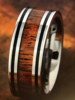 8mm Koa Wood Tungsten double line wedding ring