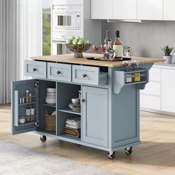 Foldable Rubber Wood Drop-Leaf Countertop 53.1 in. W 3 Drawers Kitchen Island on Wheels with Storage Cabinet - Blue



