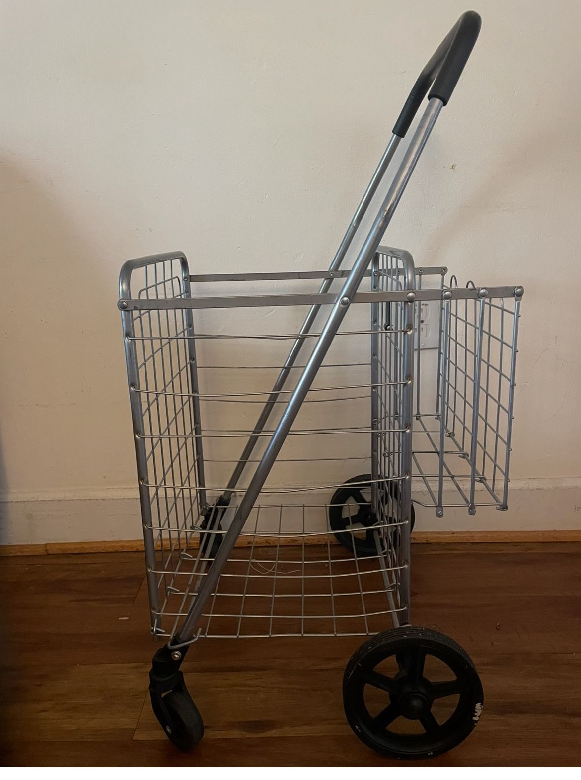 SUPER DEAL Folding Shopping Cart with Wheels and Double Basket for Groceries, Laundry, Books, Travel Luggage, Black