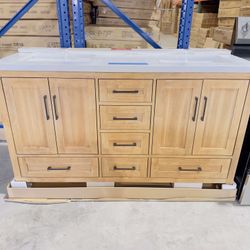 Brand New Bathroom Vanity in Wood Color 60”, double sink soft close with marble top in White  $849 