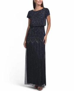 Navy Beaded Sequin Formal Maxi Gown