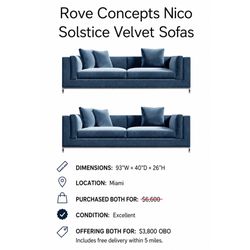 2 Rove Concepts Blue Velvet Couches Sofas