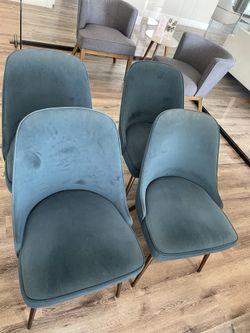 West Elm Mid-Century Velvet Dining Chairs - Set of 4 (Lagoon Blue/Metal)