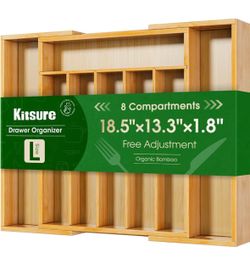 Silverware Organizer, Bamboo Kitchen Drawer Tray, Natural, Large