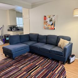 Dark Blue Studded Sectional Couch