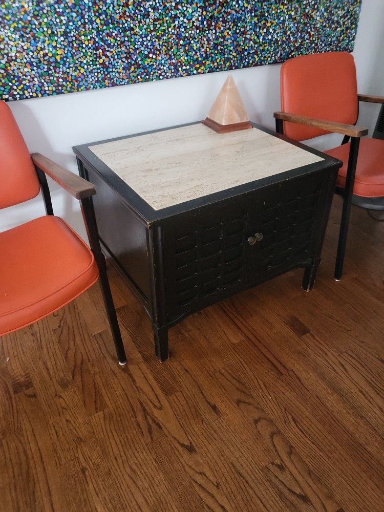 Vintage Black Oriental Coffee Table Cabinet With Marble Insert Top