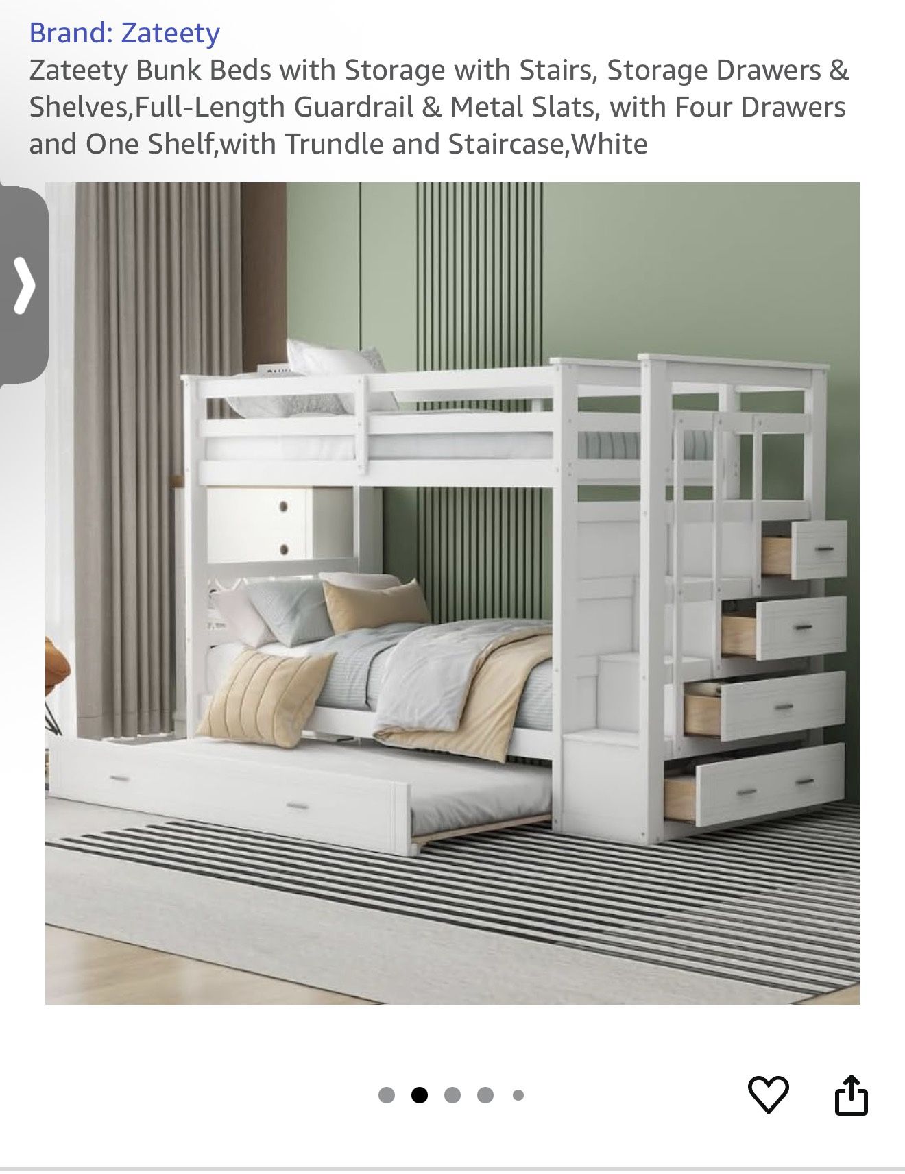 White bunk bed with trundle and stairs”