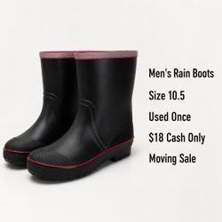 Men’s waterproof rain boots, size 10.5. Black with red trim.