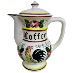 RARE Hand Painted Rooster and Roses Footed Coffee Pot with Lid