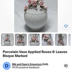 Porcelain Vase Applied Roses & Leaves Bisque Marked