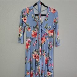 Mother Bee Maternity S Blue Floral Wrap Maxi Dress V-Neck 3/4 Sleeve Long