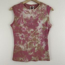 HARLEY DAVIDSON Y2K 2005 Pink Green Tie Dye Mandala Flower Graphic Tank Top