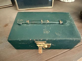 Vintage Green Leather Jewelry Box with Brass Lock