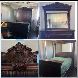 Antique Vintage Victorian Mahogany Wood Full Bedroom Bed Dresser  Set 
