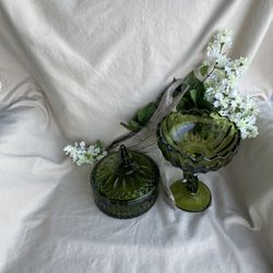 VTG Indiana Glass Avocado Green Bowl& Candy Dish