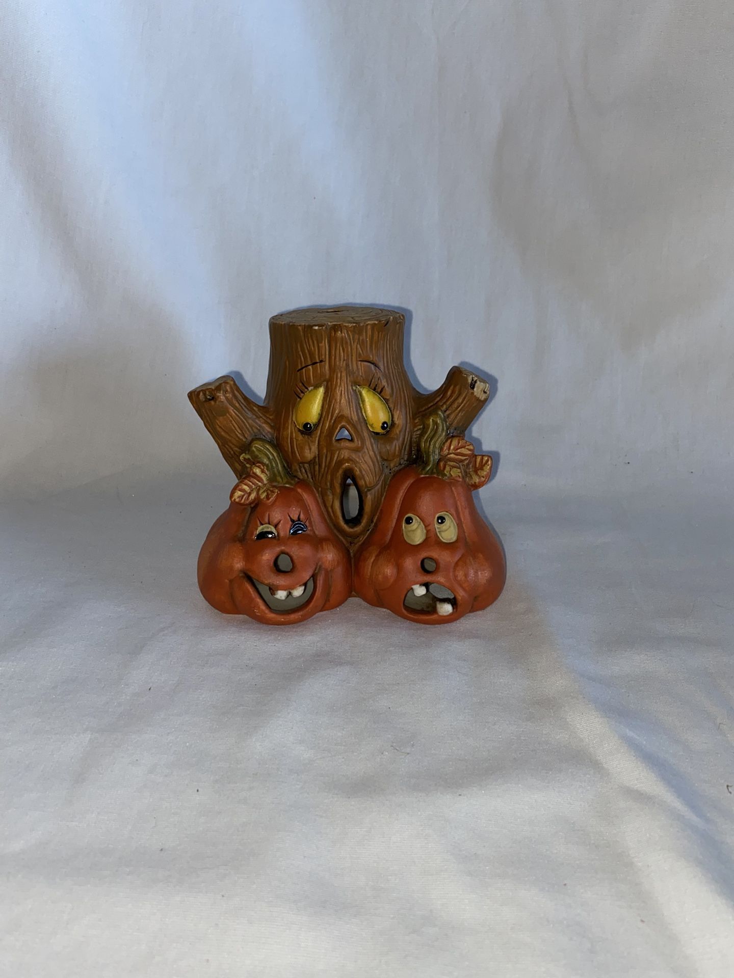 Halloween Tealight Candle Holder Tree Trunk Stump Jack o Lantern Pumpkins w/ animated faces