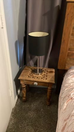 Wooden Bedside Table with Lamp.
