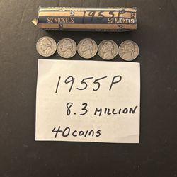 Coins – Jefferson Nickels – 1955P (40 Coins)  Philadelphia mint (very low mintage)