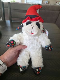 Lamb Chop 11" Squeaky Dog Toy with Halloween Themed Paws and  Ears and Red and Black Witch Hat