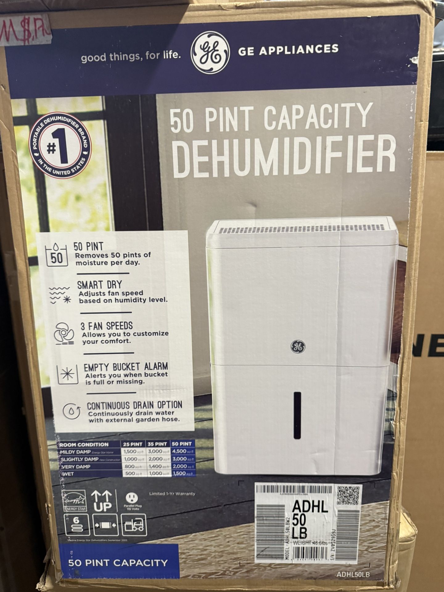 GE® 50 Pint Portable Dehumidifier with Built-in Pump and Smart Dry for Wet Spaces