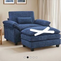 Velvet Blue Couch With Ottoman Sillon