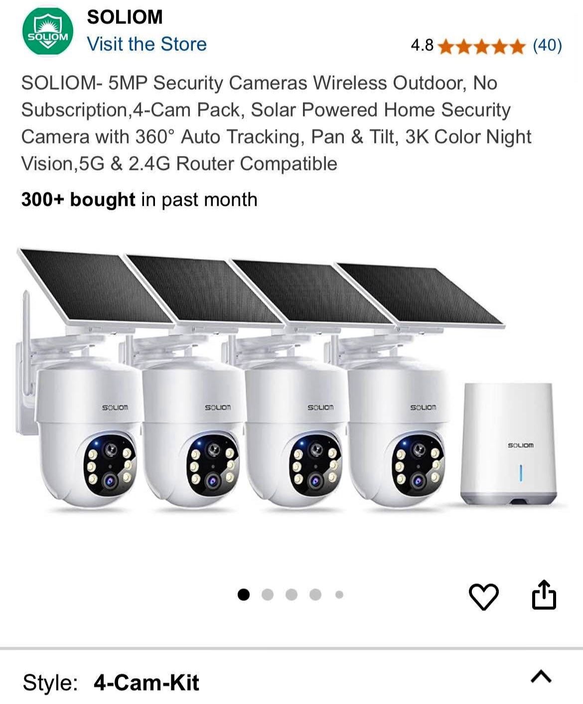 SOLIOM- 5MP Security Cameras Wireless Outdoor, No Subscription,4-Cam Pack, Solar Powered Home Securi