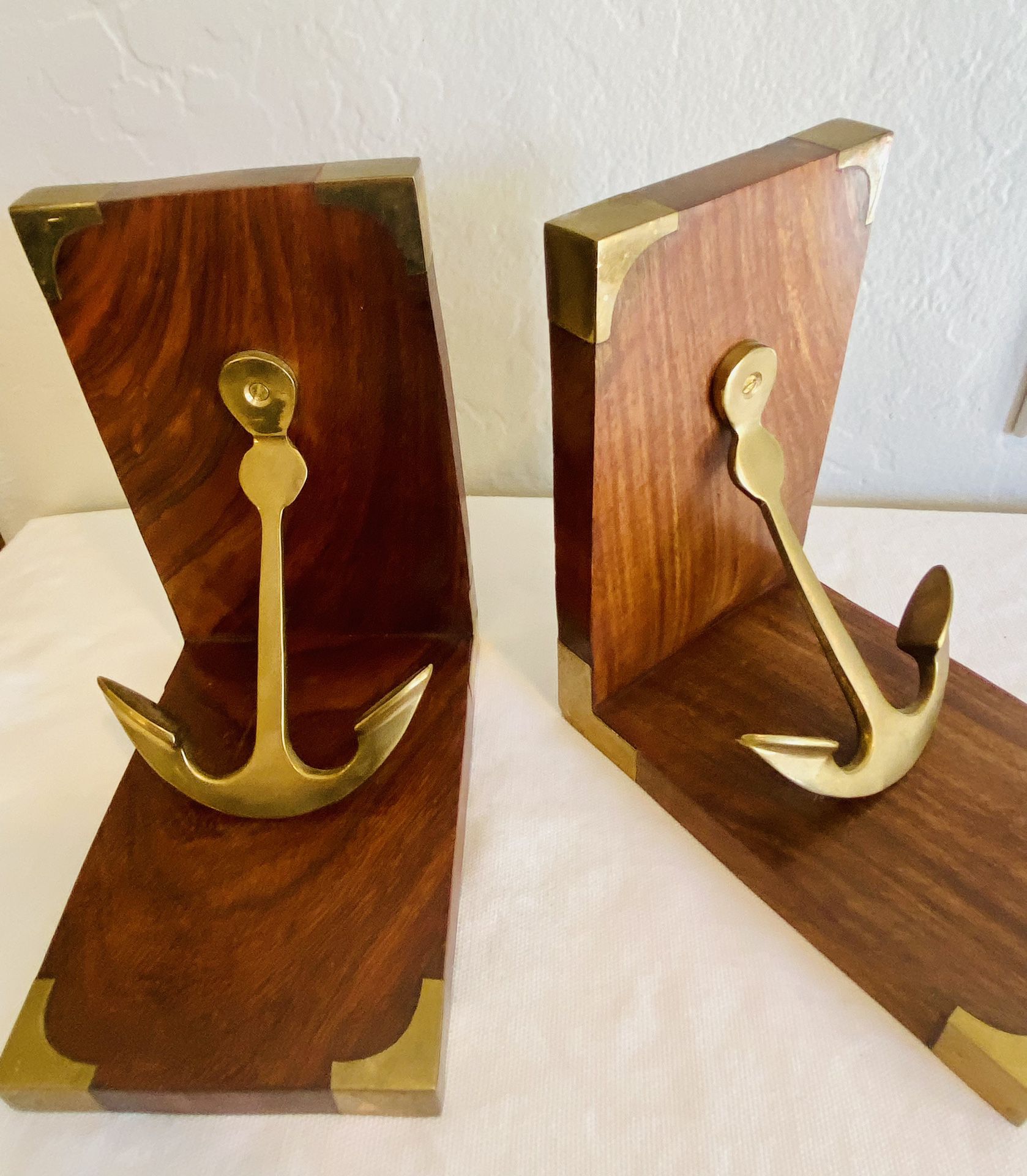 SOLID BRASS & WOOD ANCHOR BOOKENDS SET NAUTICAL SHIP GOLD SHELF DECOR SANIBEL vintage
