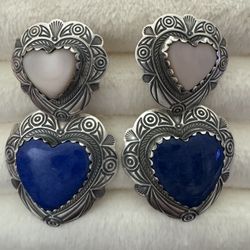 Quac Sterling Silver Heart Shaped Mother Of Pearl & Lapis Dangle Earrings 