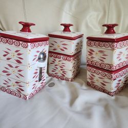 Temp-tations Old World  By Tara Set Of 3 Large Porcelain Storage Jars, Lidded Stackable Kitchen accessories.