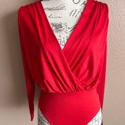 H&M Red Deep V-Neck Draped Romantic Festive Long Sleeve Bodysuit  size S-M