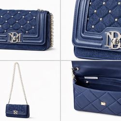 Navy Quilted Studded Crossbody Bag Pearl Chain Chic Designer  Style/Bolso Azul Acolchado con Tachuelas Crossbody Cadena de Perlas Elegante