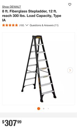 DeWALT 8 ft. Fiberglass Stepladder, 12 ft. reach 300 lbs. Load Capacity, Type IA