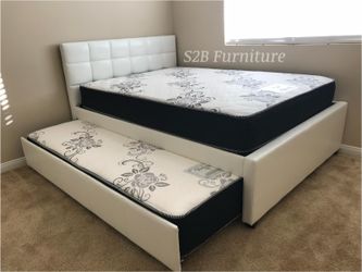 Full Twin White Trundle Bed With Ortho Mattress Included