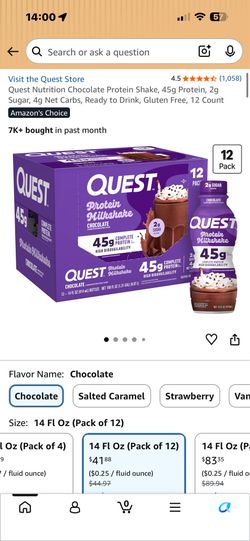 Quest Protein Milkshake Chocolate 14 Fl Oz Pack of 12 Best by july 16,2026