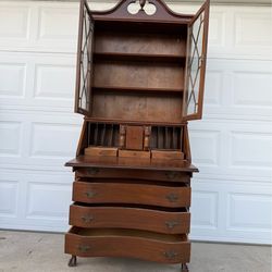 Vintage Mahogany Secretary Desk with Bookcase Hutch – Glass Doors, Original Keys, Claw Feet