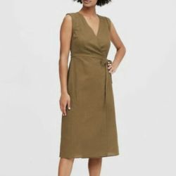 Brand New Woman’s Banana Republic brand Linen-Cotton Wrap Sleeveless Mustard Yellow Dress Up For Sale