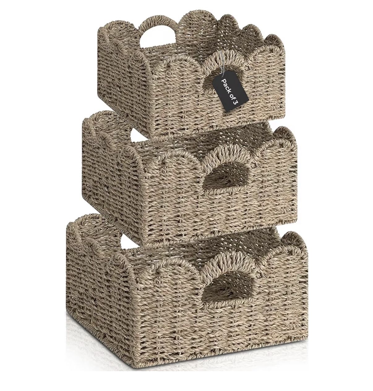 Scalloped Wicker Basket Set with Handles | Handwoven Seagrass Baskets New