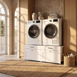 Laundry Room Cabinet with 2 Drawers, Double Metal Tray Top, Adjustable Feet, White Laundry Organizer Table