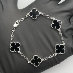 Solid 925 Sterling Silver Black Clover Bracelet 7in