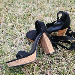 Black Cork Platform Heels Wrap Tie Strappy Sandals Size 8
